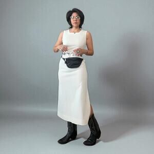 1970's Cream Bleeker Street Maxi Square Neck Mod Knit Dress Medium